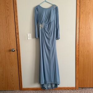 Azazie Dusty Blue 3/4 Sleeve Ruched waist bridesmaid dress